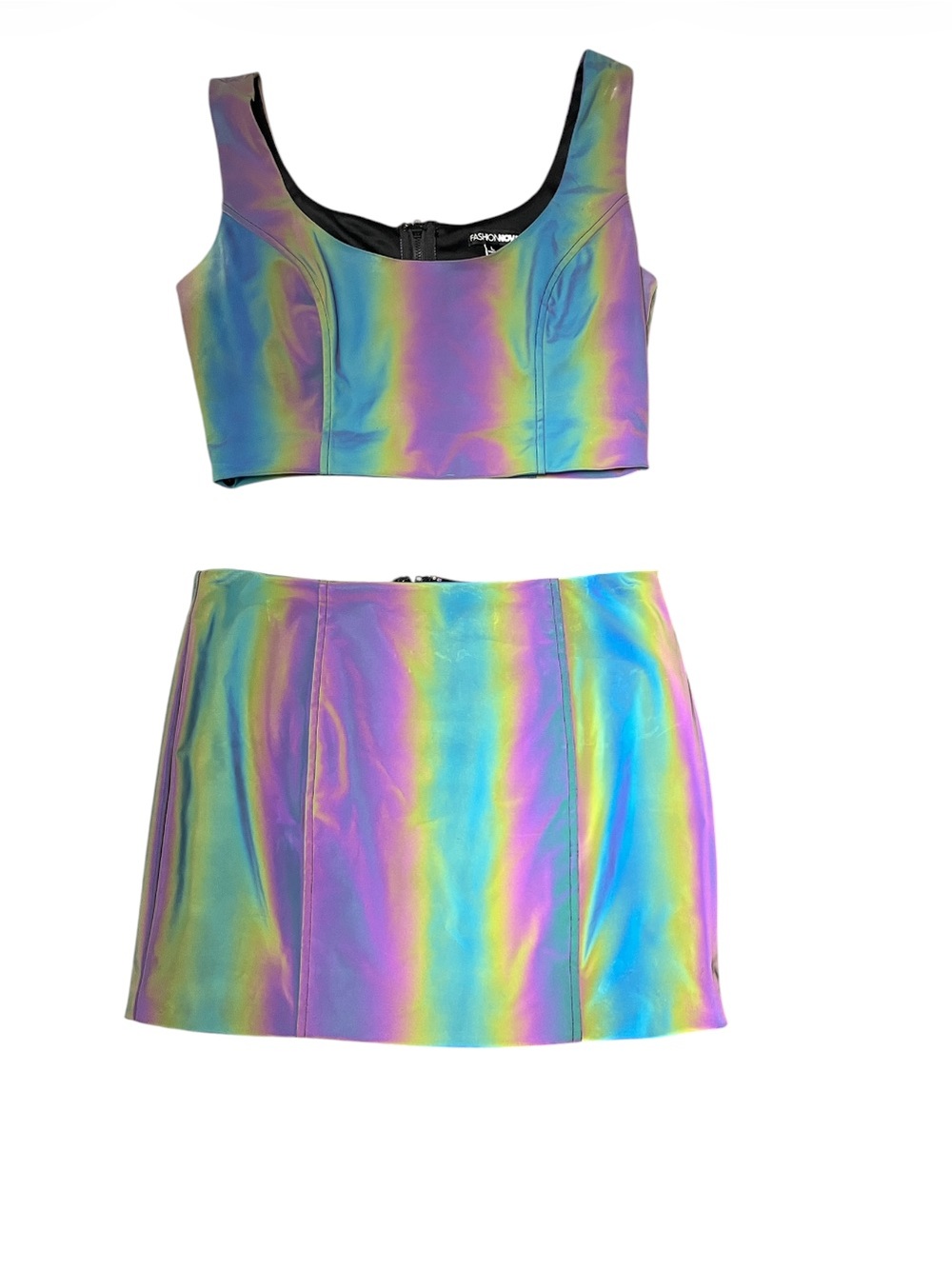 Fashion Nova Iridescent Rainbow Crop Tank & Mini Skirt Set